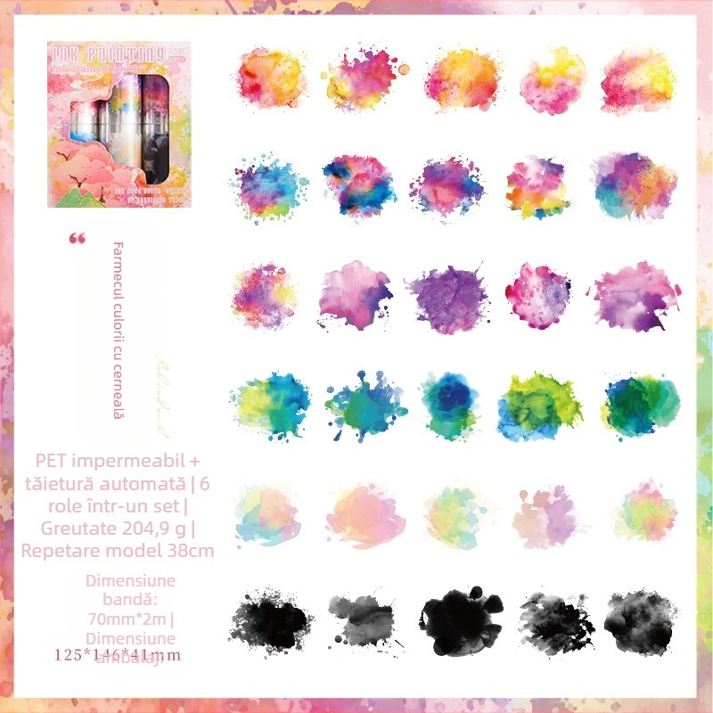 Set decorativ de benzi în cutie, Yue zhen, amestec acuarelă, pentru jurnal manual, bază PET, grosime 0,01 mm