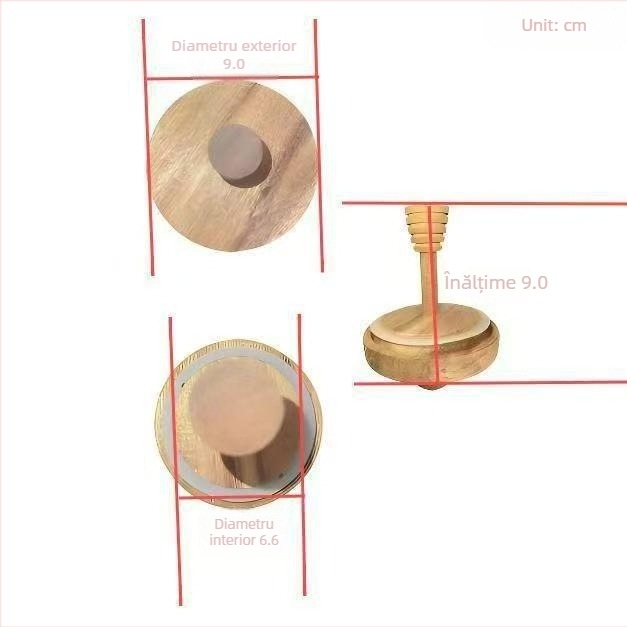 Recipient pentru miere din sticlă borosilicat, capac din lemn de acacia și bețișor de amestecare, formă rotundă, capacitate 501-800 ml
