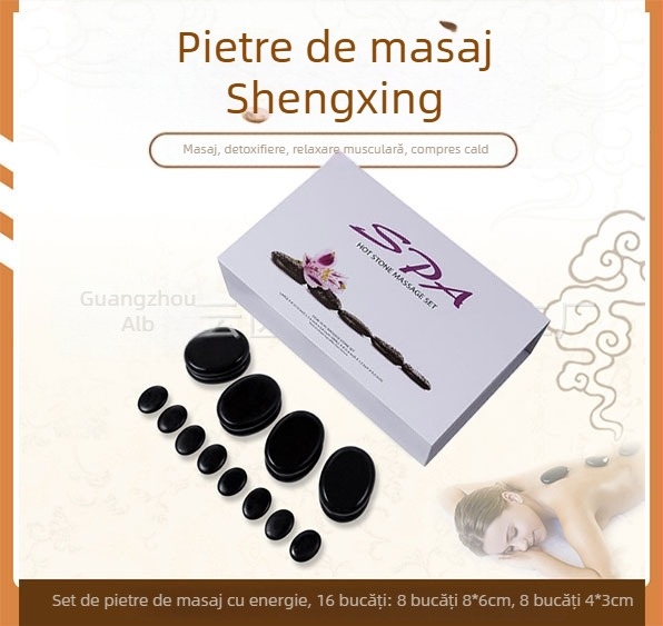 Set Spa pietre de bazalt pentru masaj, 16 buc, pietre ovale, prelucrare prin șlefuire și lustruire, piatră naturală