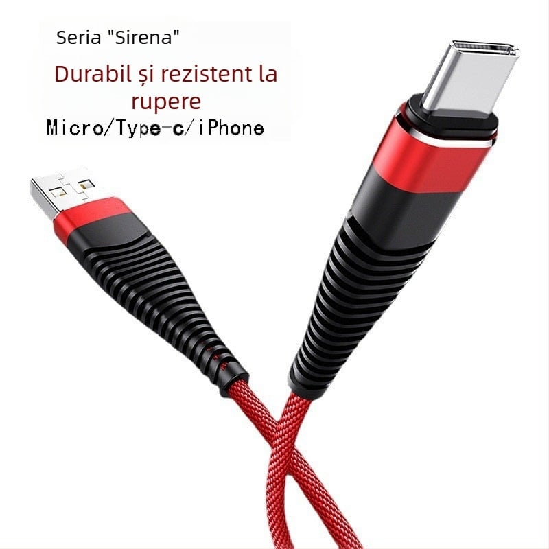 Cablu de date împletit, motiv sirenă, 1 m, încărcare rapidă, USB-C / Lightning / Micro USB