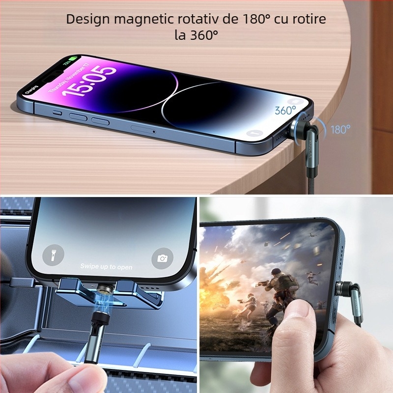 Cablu de încărcare magnet rotativ 3-în-1 pentru Apple și Huawei, aliaj de aluminiu, împletit, Micro USB, 18W