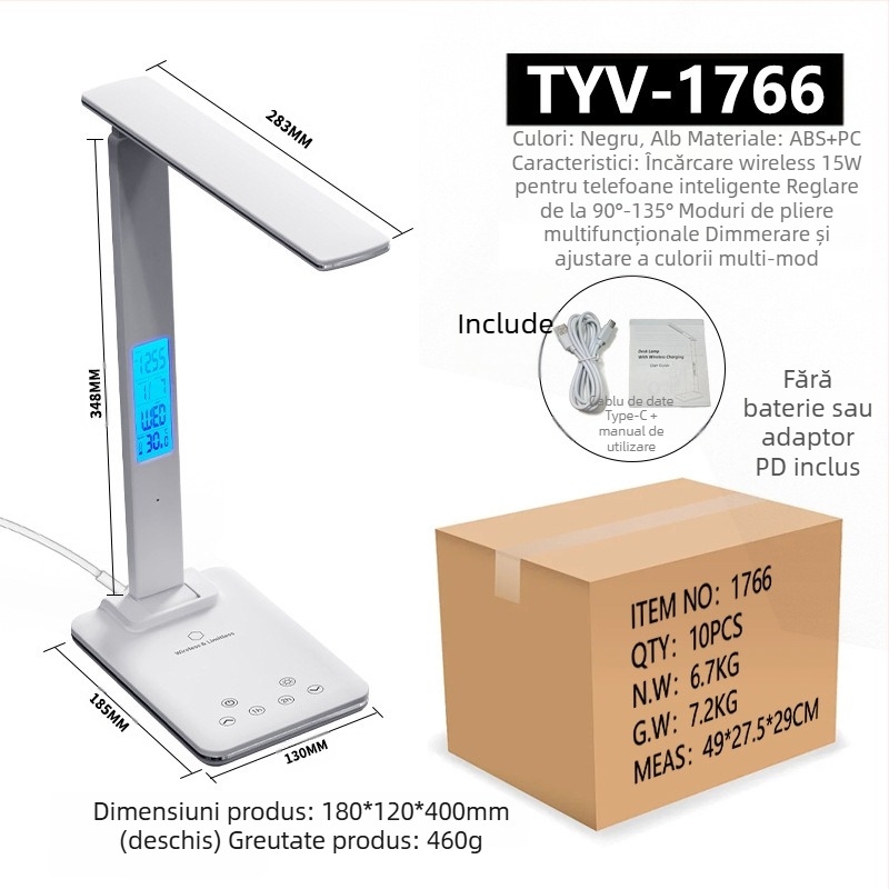 Lampă de birou pliabilă, alimentată prin USB, cu încărcare wireless 15W, iluminare de studiu modern minimalist, control tactil, iluminare inteligentă