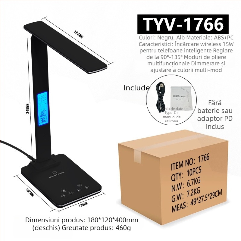 Lampă de birou pliabilă, alimentată prin USB, cu încărcare wireless 15W, iluminare de studiu modern minimalist, control tactil, iluminare inteligentă