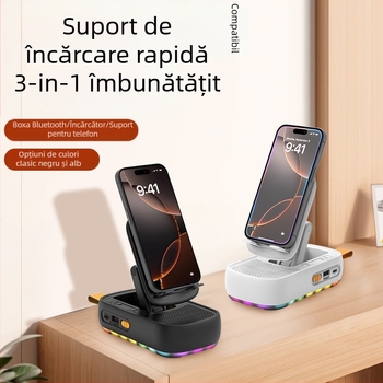 Suport pentru telefon pentru masă cu difuzor Bluetooth, rotativ și pliabil, 3 în 1 portabil; Material: Plastic; Stil: Universal; Personalizare: Suportată; Mărci private: Da
