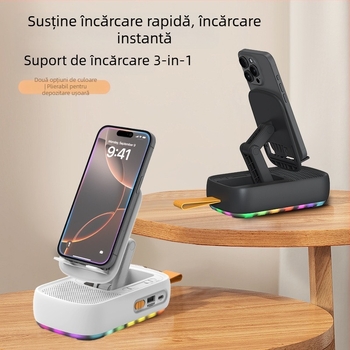 Suport pentru telefon pentru masă cu difuzor Bluetooth, rotativ și pliabil, 3 în 1 portabil; Material: Plastic; Stil: Universal; Personalizare: Suportată; Mărci private: Da
