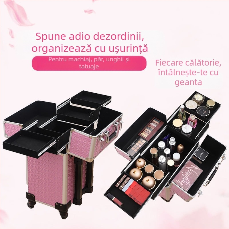 Geantă profesională de machiaj cu role pentru artiști – Material PU, încuietare, model geometric, roți universale, deschidere cu lacăt, Bayer, greutate 5.8 kg