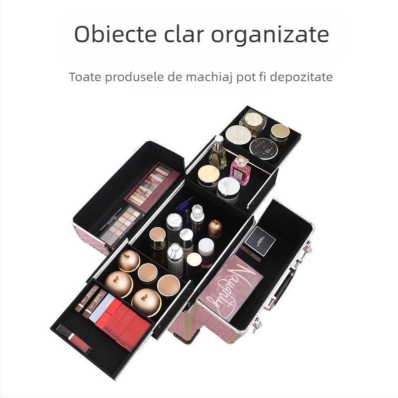 Geantă profesională de machiaj cu role pentru artiști – Material PU, încuietare, model geometric, roți universale, deschidere cu lacăt, Bayer, greutate 5.8 kg