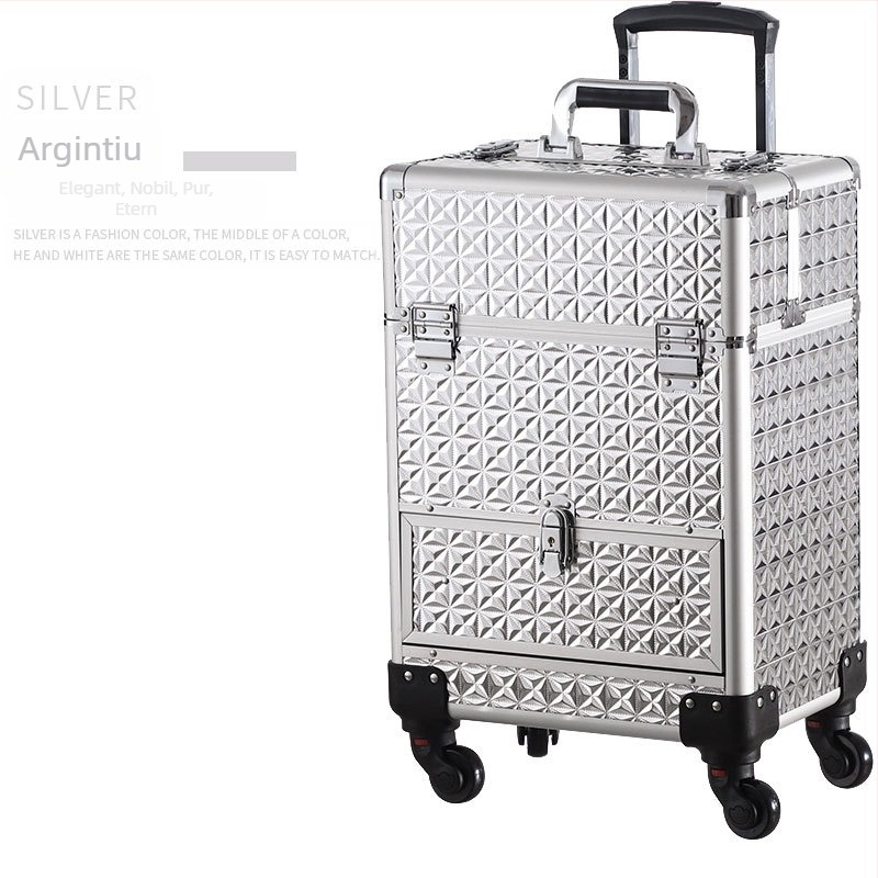 Geantă profesională de machiaj cu role pentru artiști – Material PU, încuietare, model geometric, roți universale, deschidere cu lacăt, Bayer, greutate 5.8 kg