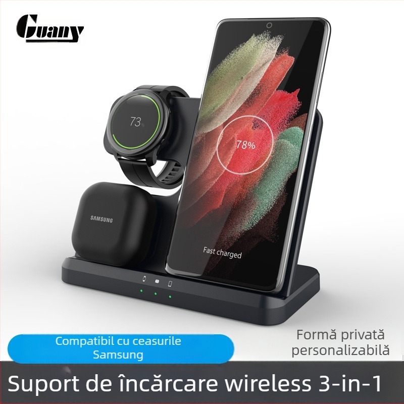 Încărcător wireless 3 în 1 pentru Samsung telefon, ceas și căști — Qi încărcare rapidă, Ieșire 15W, Intrare Type-C, Putere totală 18W