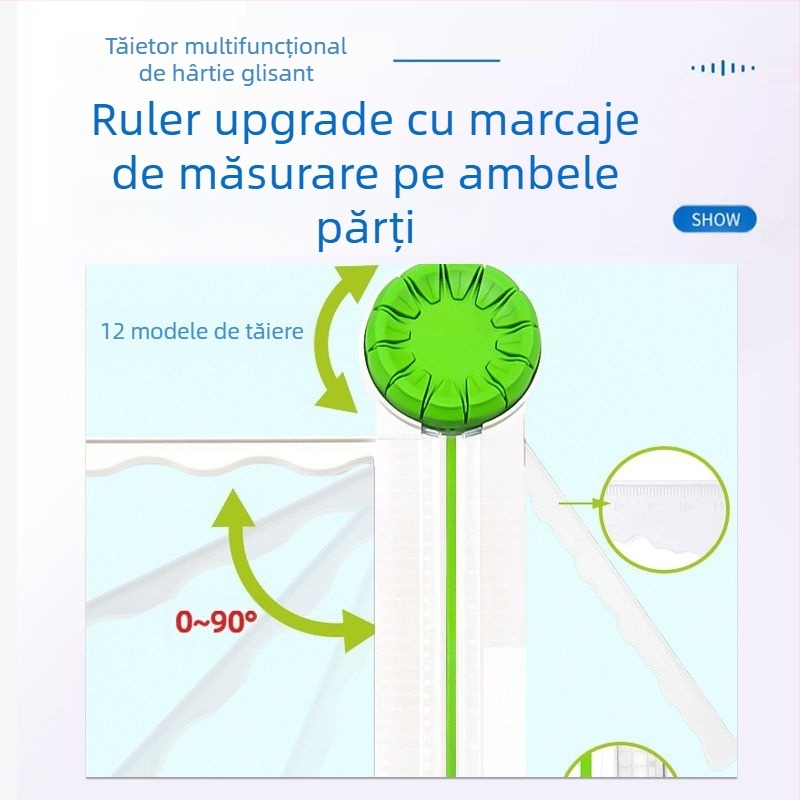 PT-001G Tăietor de hârtie 12-in-1 cu alunecare, mic, din plastic, pentru jurnal DIY