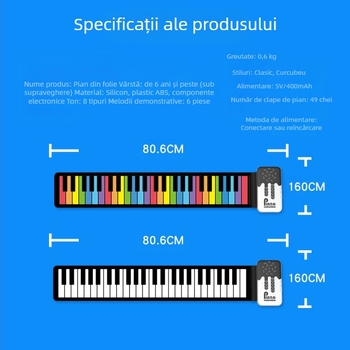 K6 Organă electronică portabilă cu 49 de taste din silicon, difuzor încorporat, 32 de voci polifonice, 100 timbre, reîncărcabilă