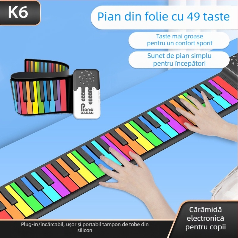 K6 Organă electronică portabilă cu 49 de taste din silicon, difuzor încorporat, 32 de voci polifonice, 100 timbre, reîncărcabilă