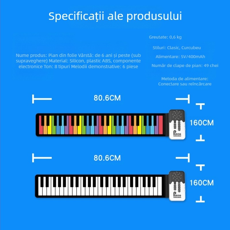 K6 Organă electronică portabilă cu 49 de taste din silicon, difuzor încorporat, 32 de voci polifonice, 100 timbre, reîncărcabilă
