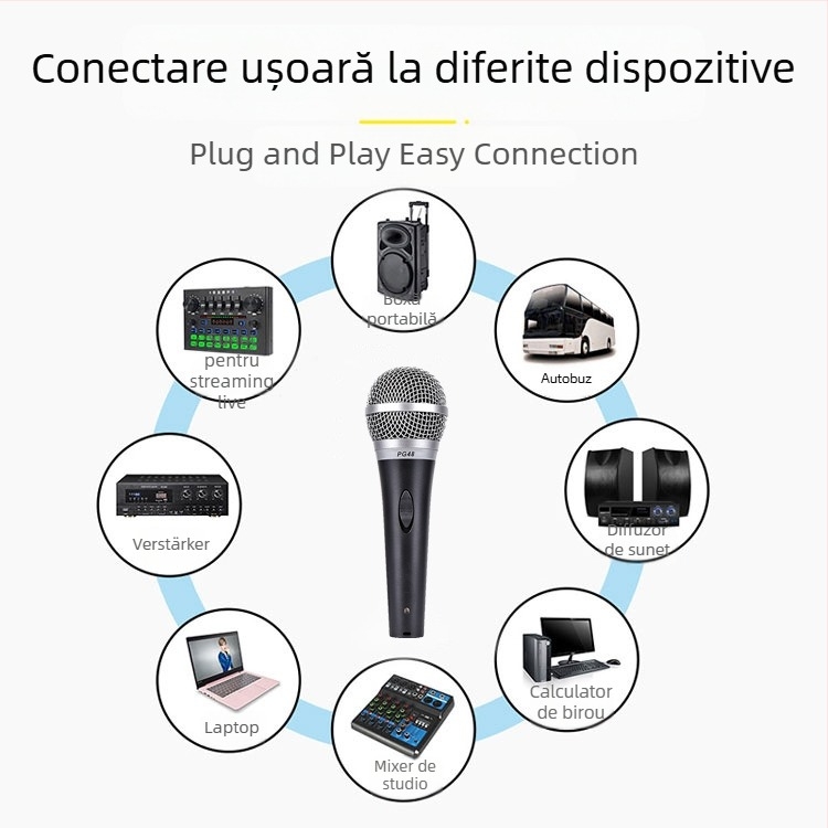 Microfon dinamic cu cablu pentru KTV, conferințe și acasă — 30 Hz–15 kHz, SNR ≥95 dB, modelul 001