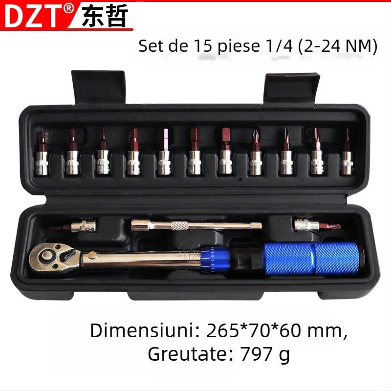 Cheie dinamometrică, set de 15 piese, rațchet cu 72 dinți, reglabilă, cuplu 2–24 N·m, calitate industrială