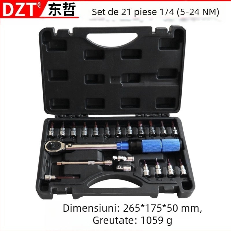 Cheie dinamometrică, set de 15 piese, rațchet cu 72 dinți, reglabilă, cuplu 2–24 N·m, calitate industrială