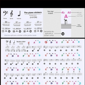 Set de autocolante pentru tastatura pianului pentru copii — note cu litere, transparente