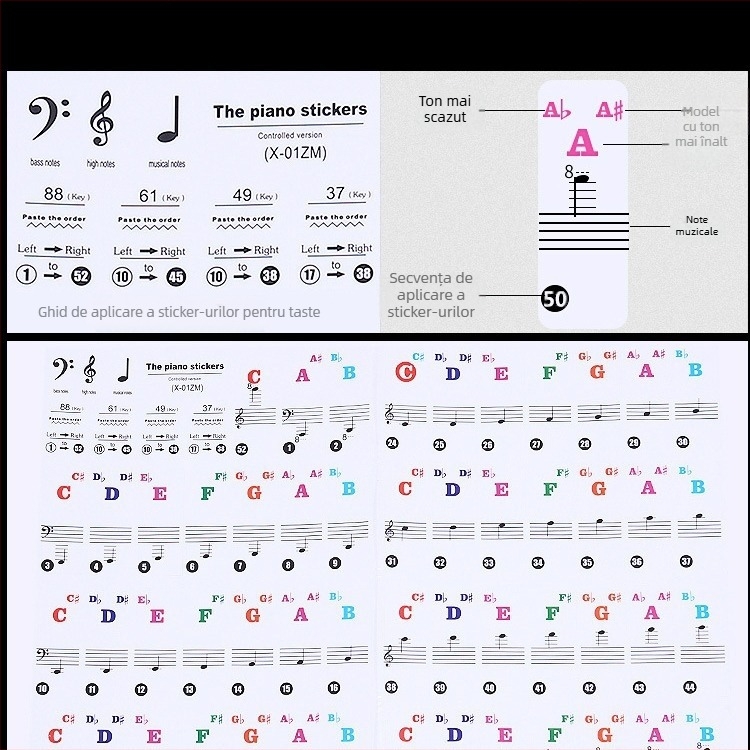 Set de autocolante pentru tastatura pianului pentru copii — note cu litere, transparente