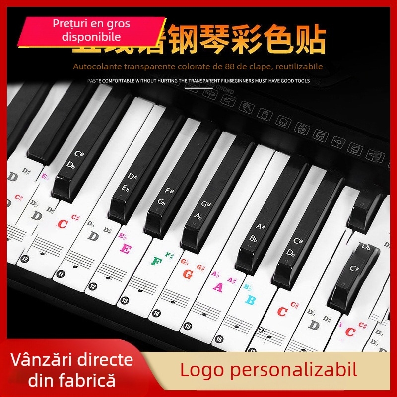 Set de autocolante pentru tastatura pianului pentru copii — note cu litere, transparente