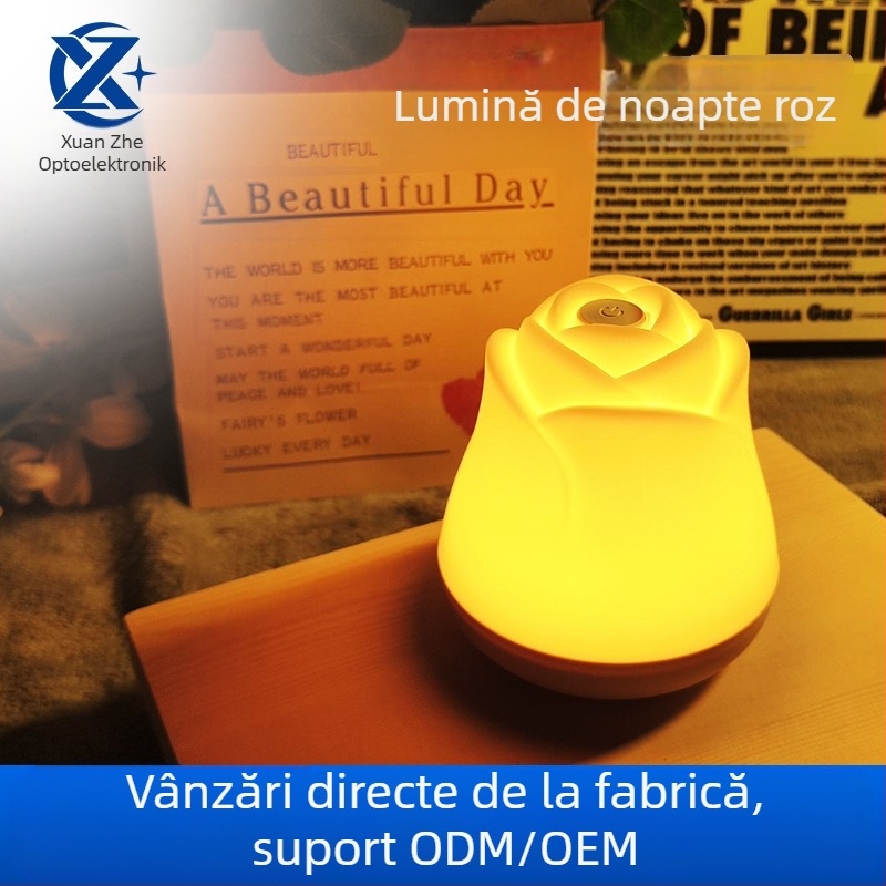 Lampa LED de noptieră, reîncărcabilă, în formă de trandafir, lumină moale pentru ochi, stil modern minimalist