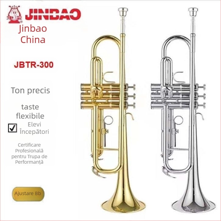 Trompetă JBTR-300 Down-B, placată cu aur, pentru începători – instrument din alamă pentru fanfară școlară