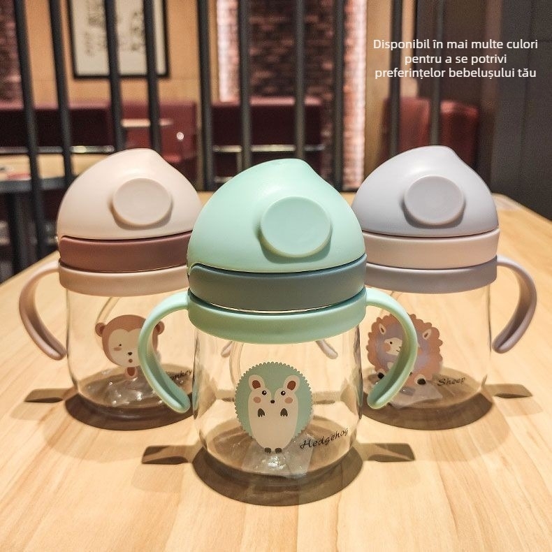 Cănuță de învățat să bei – Sippy cup pentru lapte și apă, cu mâner și bretea pe spate, stil desen animat, Material PC