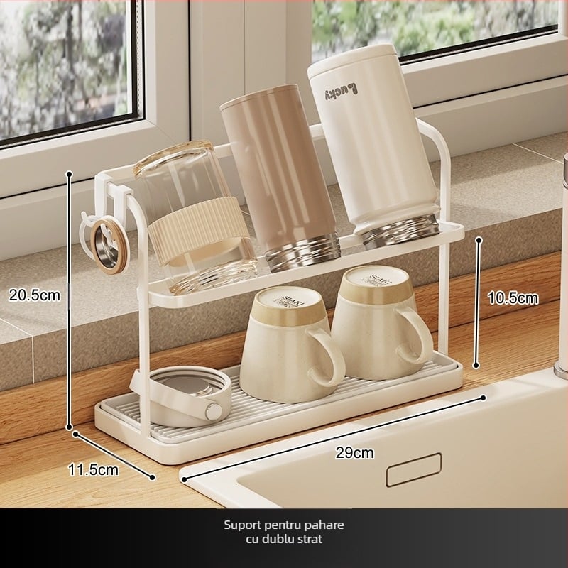 Raft pentru pahare — dublu nivel, sistem invers de drenaj, din oțel carbon, montaj pe blat sau suspensie, fără găuri