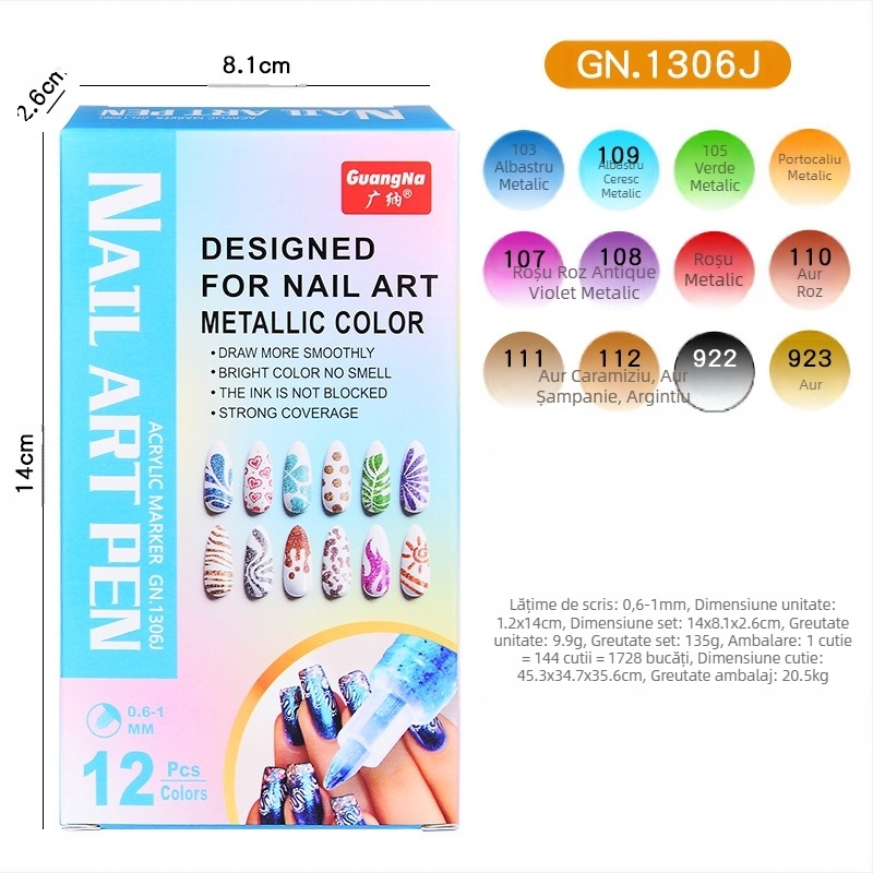 Guangna stilou DIY pentru manichiură – desen pe unghii și graffiti pe unghii, uscare rapidă, rezistent la apă, marker acrilic metalic