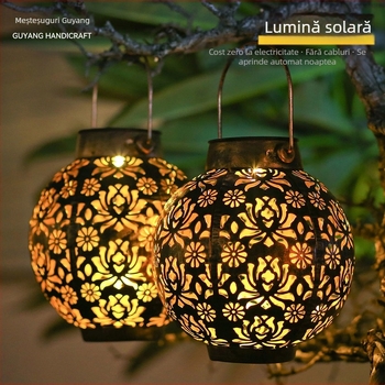 Fenar solar din fontă forjat, sferă perforată în formă de dovleac, LED cald, exterior IP44