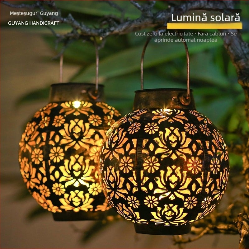 Fenar solar din fontă forjat, sferă perforată în formă de dovleac, LED cald, exterior IP44