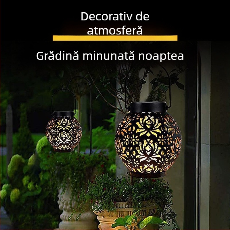 Fenar solar din fontă forjat, sferă perforată în formă de dovleac, LED cald, exterior IP44