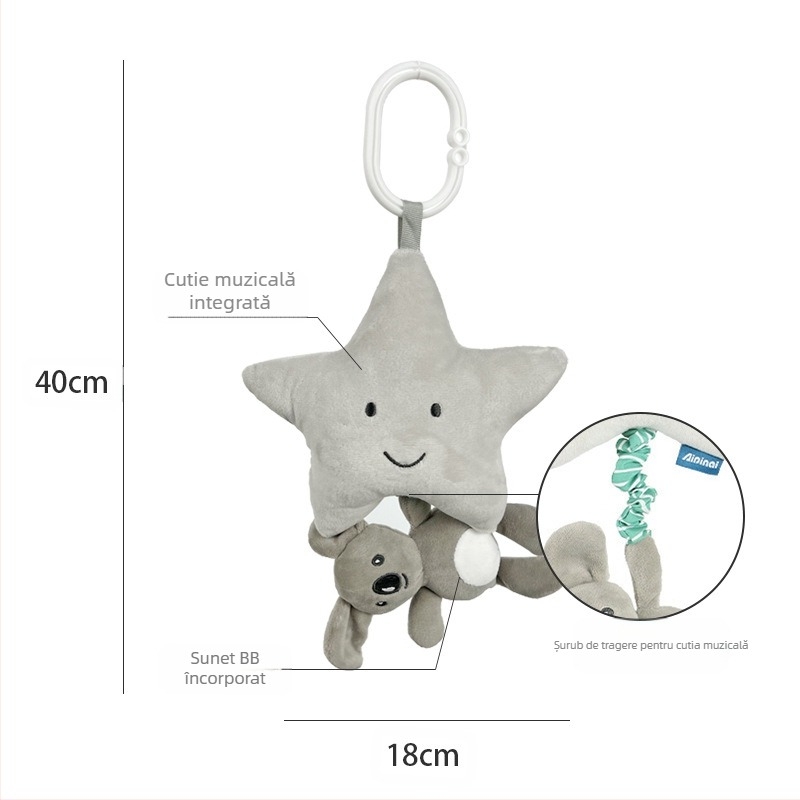 Aipinqi jucărie muzicală din textile pentru pătuț și pentru agățat în mașină — zornăitoare cu animale, cutie muzicală, dezvoltarea coordonării mâinilor și a simțurilor, 0–3 ani