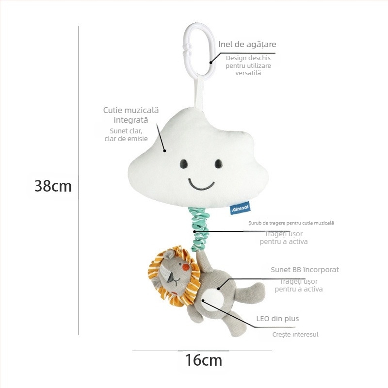 Aipinqi jucărie muzicală din textile pentru pătuț și pentru agățat în mașină — zornăitoare cu animale, cutie muzicală, dezvoltarea coordonării mâinilor și a simțurilor, 0–3 ani
