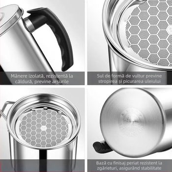 Recipient pentru ulei din oțel inoxidabil 304, etanș la scurgeri, cu capac și filtru pentru bucătărie