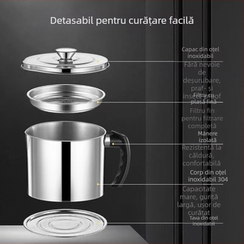 Recipient pentru ulei din oțel inoxidabil 304, etanș la scurgeri, cu capac și filtru pentru bucătărie