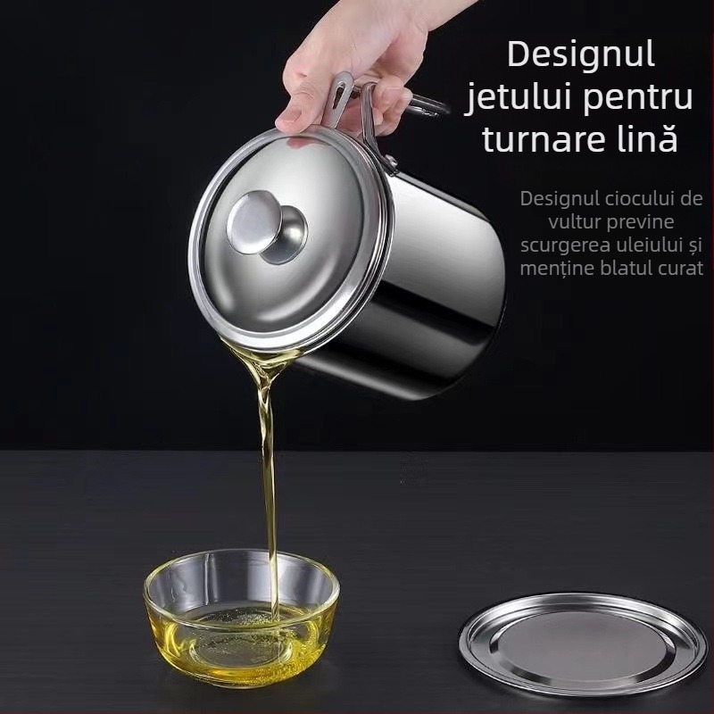Recipient pentru ulei din oțel inoxidabil 304, etanș la scurgeri, cu capac și filtru pentru bucătărie