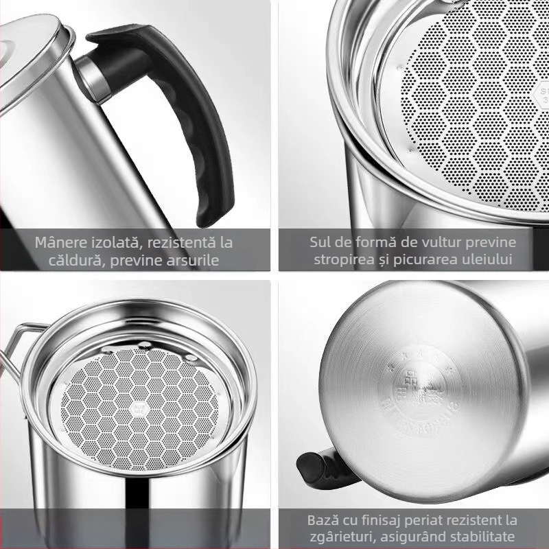 Recipient pentru ulei din oțel inoxidabil 304, etanș la scurgeri, cu capac și filtru pentru bucătărie