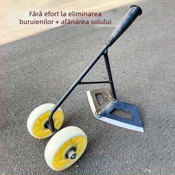 Unealtă de plivit cu trei funcții, cu două roți de sprijin: afânarea solului, crearea brazdelor și fertilizarea legumelor.