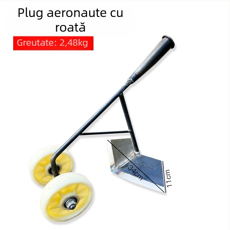 Unealtă de plivit cu trei funcții, cu două roți de sprijin: afânarea solului, crearea brazdelor și fertilizarea legumelor.