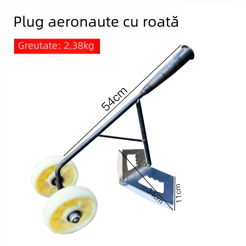 Unealtă de plivit cu trei funcții, cu două roți de sprijin: afânarea solului, crearea brazdelor și fertilizarea legumelor.