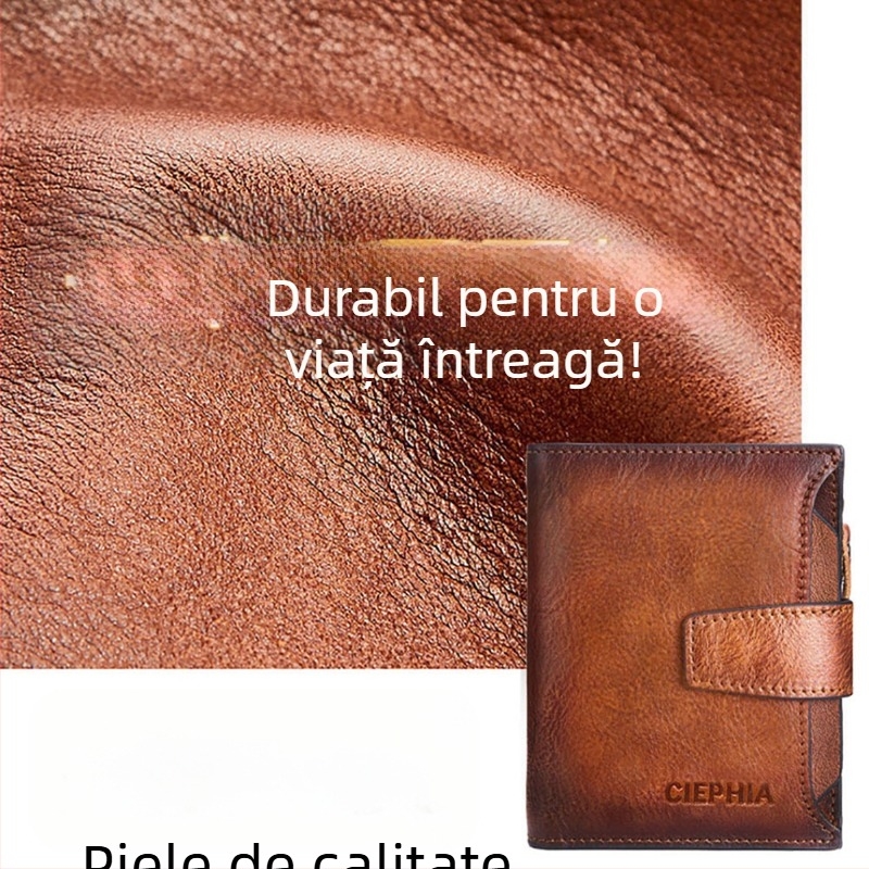 Portofel bărbătește din piele naturală CIEPHIA, protecție RFID, stil retro scurt, mai multe compartimente pentru carduri, buzunar pentru monede cu fermoar