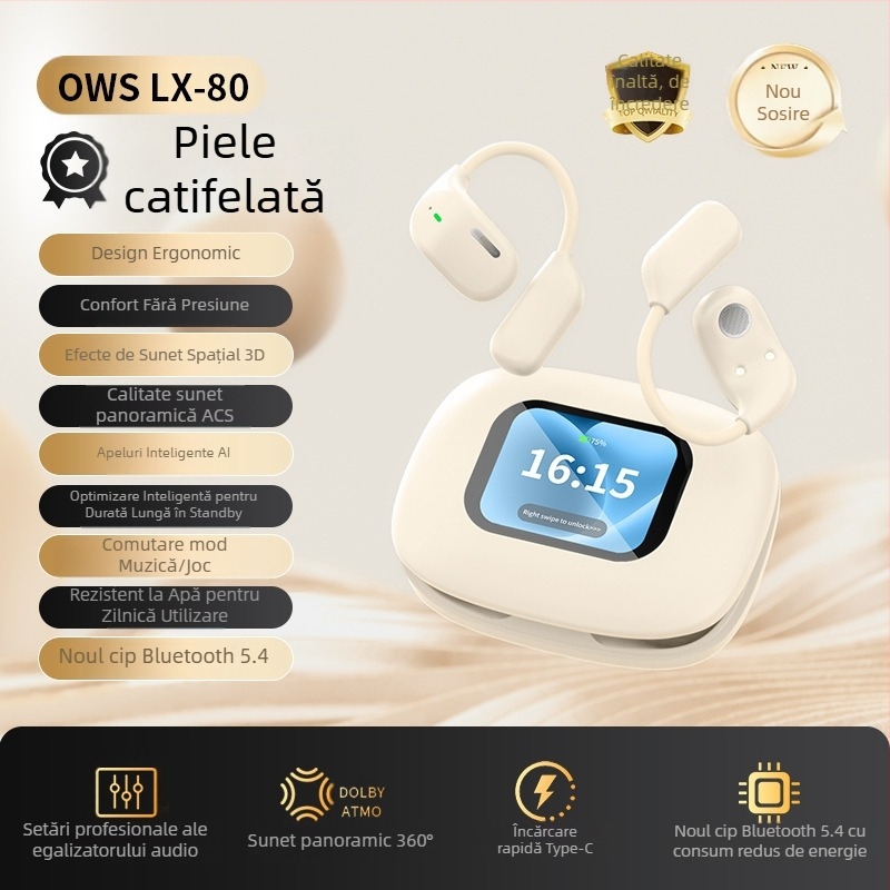 Căști sport wireless cu suport de ureche, control tactil și afișaj digital (Bluetooth 5.4, rază de 15 m, baterie 4–8 h)