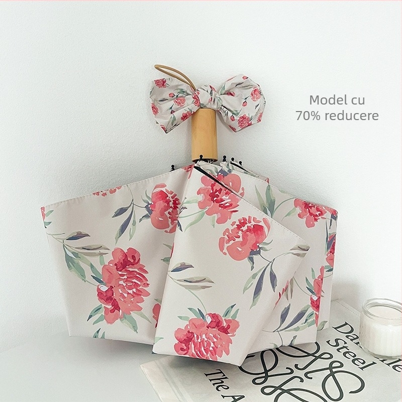 Umbrelă cu trei secțiuni, motiv Camelia, protecție UV UPF 50+, țesătură 210T, 8 brațe, deschidere automată