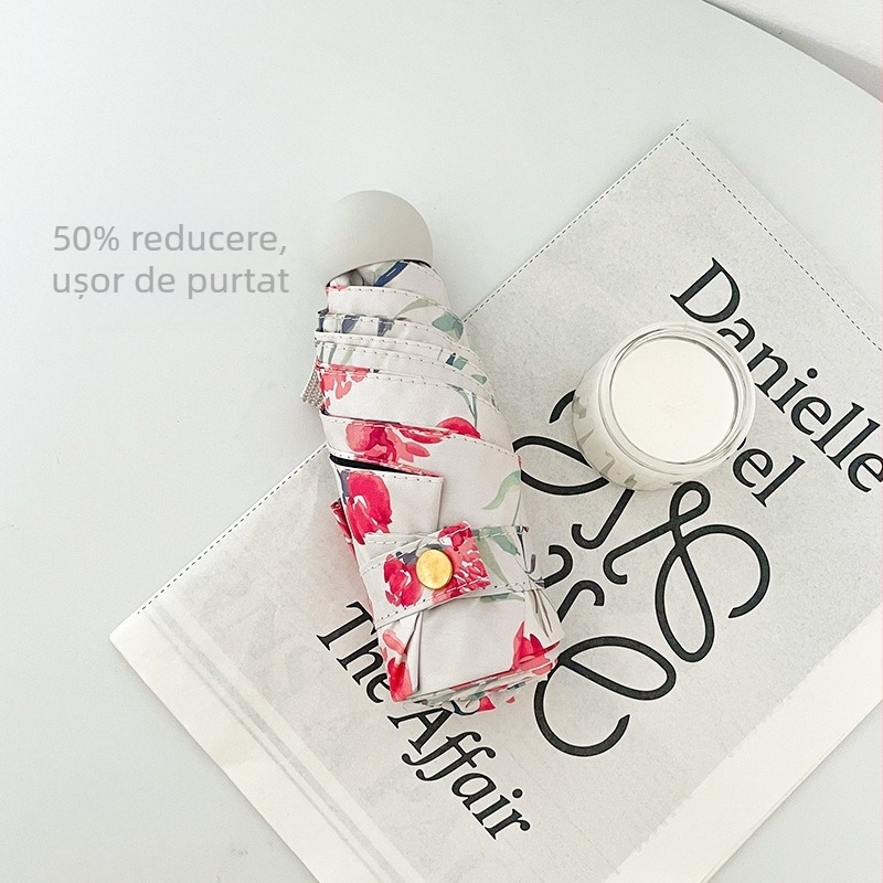 Umbrelă cu trei secțiuni, motiv Camelia, protecție UV UPF 50+, țesătură 210T, 8 brațe, deschidere automată