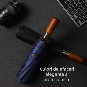 Umbrelă pliabilă tri-fold, mâner din lemn masiv, schelet din fibră cu 10 brațe, țesătură 210T, deschidere automată