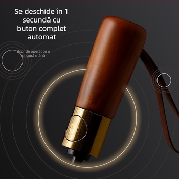 Umbrelă pliabilă tri-fold, mâner din lemn masiv, schelet din fibră cu 10 brațe, țesătură 210T, deschidere automată