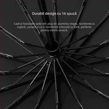 Umbrelă pliabilă tri-fold, mâner din lemn masiv, schelet din fibră cu 10 brațe, țesătură 210T, deschidere automată