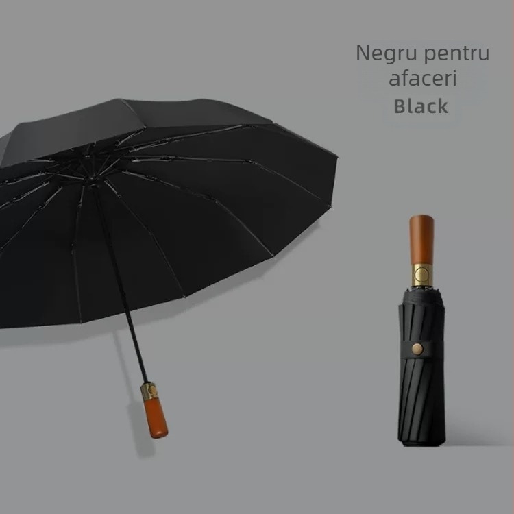 Umbrelă pliabilă tri-fold, mâner din lemn masiv, schelet din fibră cu 10 brațe, țesătură 210T, deschidere automată