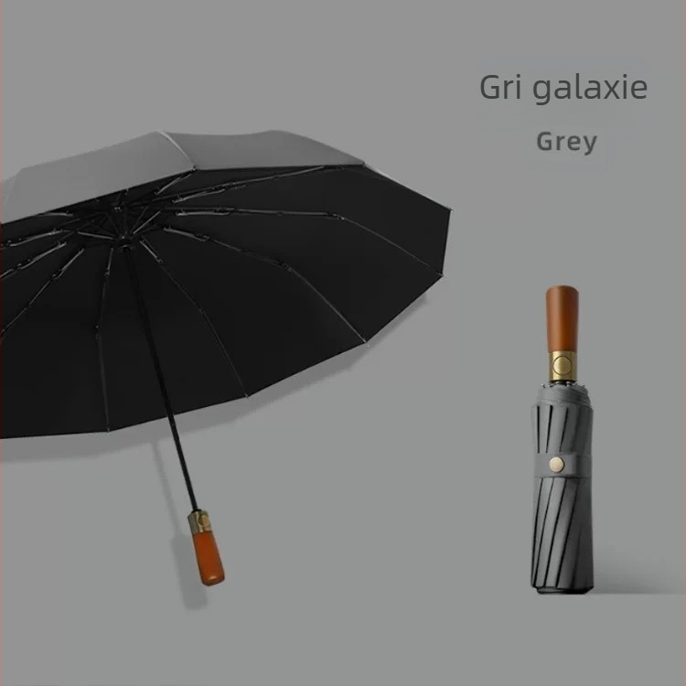 Umbrelă pliabilă tri-fold, mâner din lemn masiv, schelet din fibră cu 10 brațe, țesătură 210T, deschidere automată