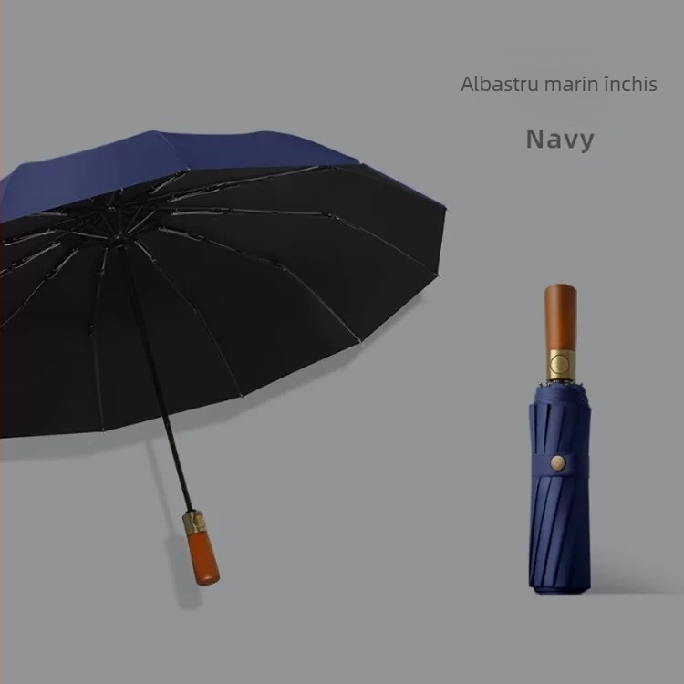 Umbrelă pliabilă tri-fold, mâner din lemn masiv, schelet din fibră cu 10 brațe, țesătură 210T, deschidere automată